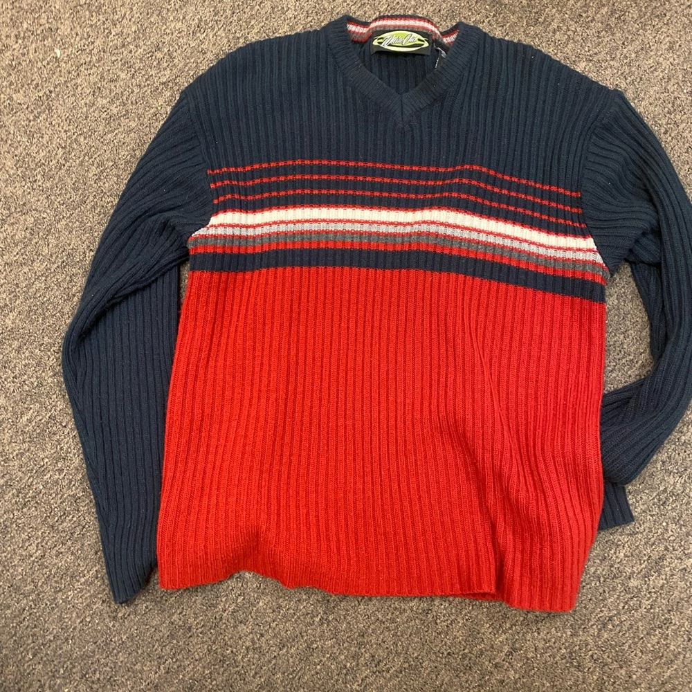 Men's Red and Navy Striped Sweater